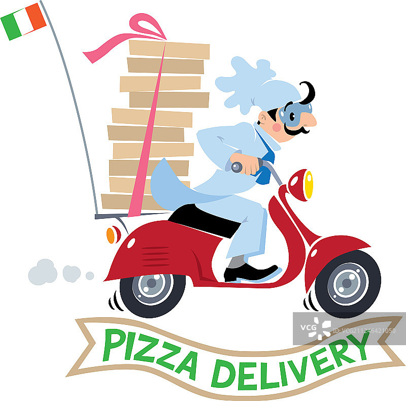 滑板车披萨外卖标志上的有趣披萨厨师图片素材