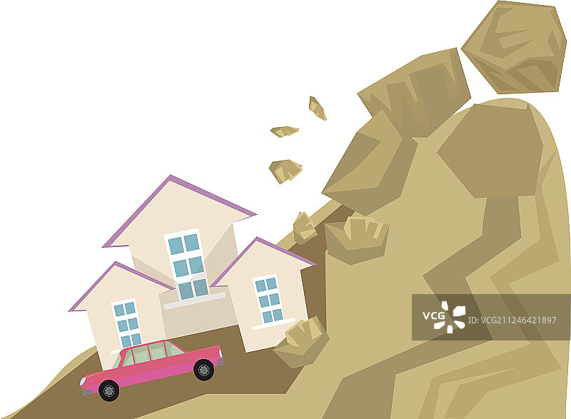 山坡落石砸向房屋图片素材