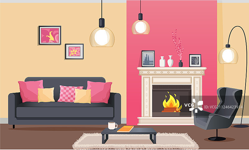 粉红色的房间，带壁炉和家具图片素材