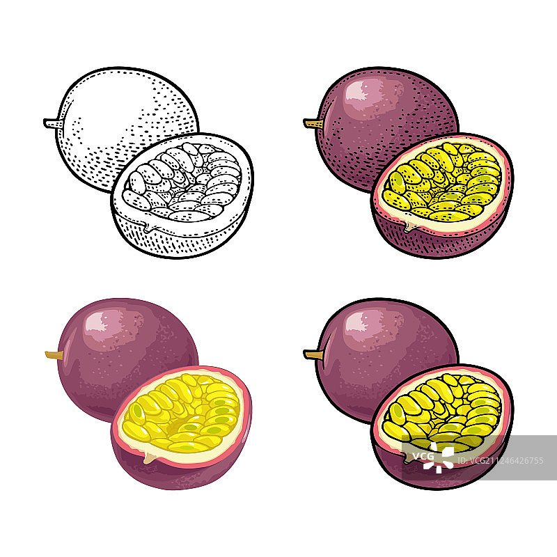 带有籽的完整和一半西番莲果图片素材