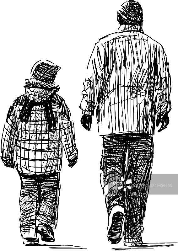 父亲和孩子下楼梯素描图片素材
