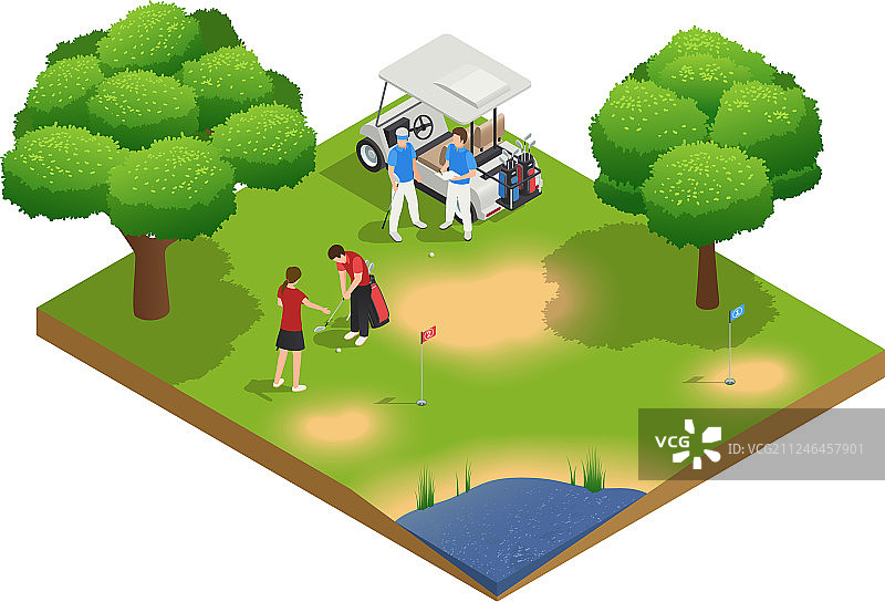绿色高尔夫球场2.5D等距顶视图构图图片素材