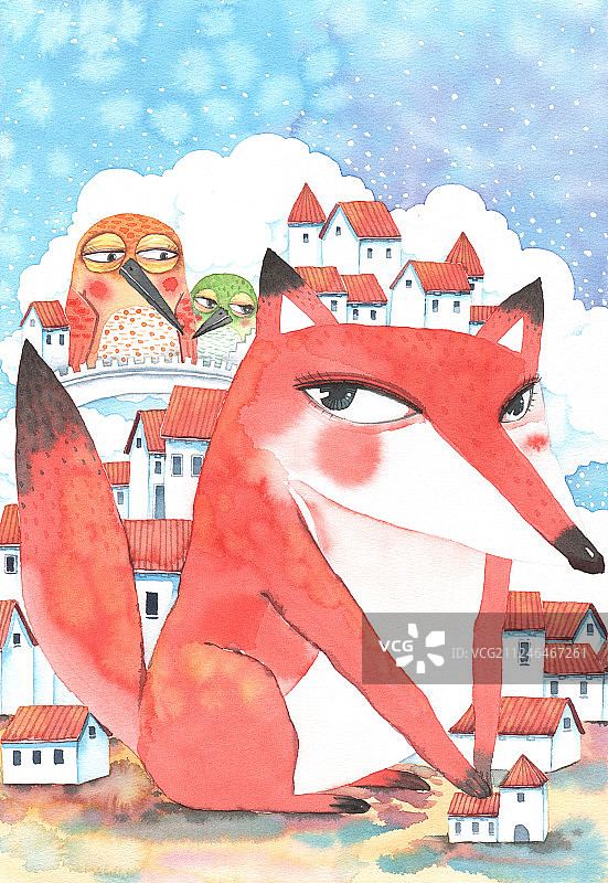 水彩插画儿童插画狐狸和鸟图片素材