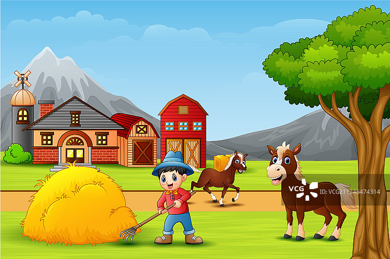 在农场田园风光中工作的农民图片素材