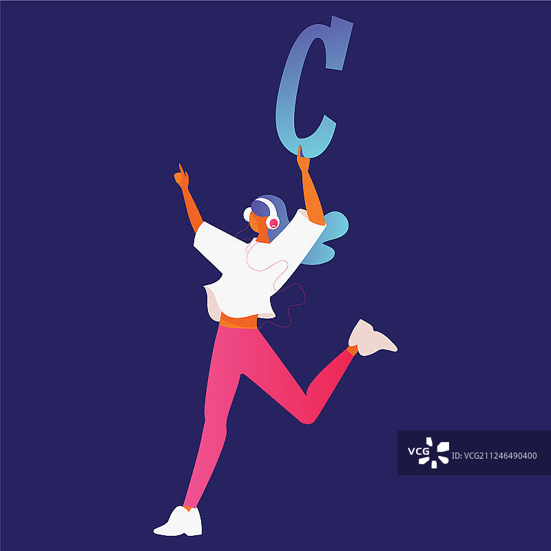 戴着耳机，拿着字母C的年轻女孩角色图片素材
