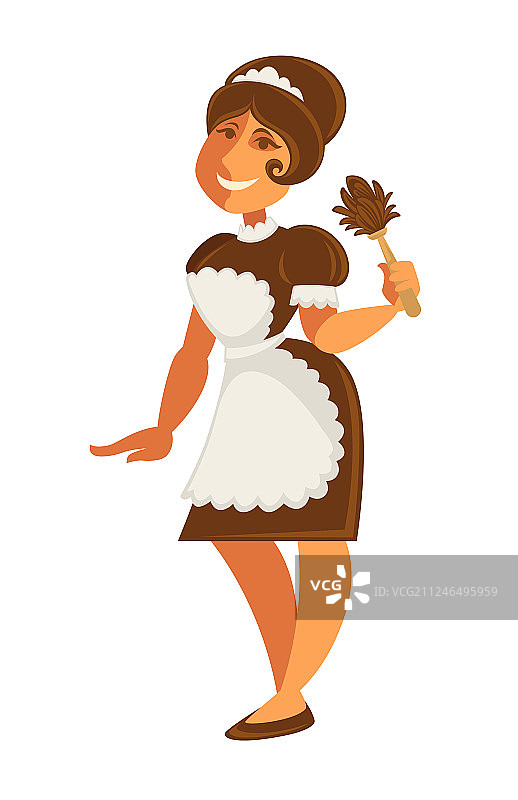 穿围裙和抹布的女保洁员或女管家图片素材