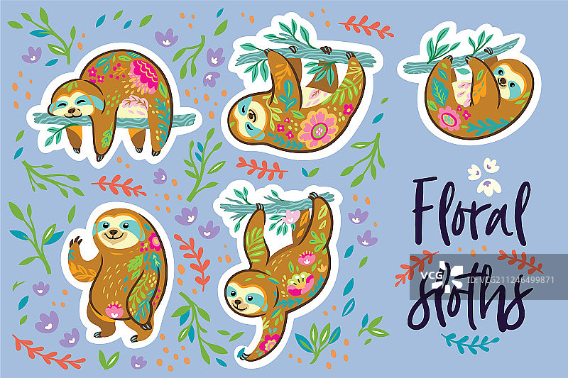 花卉树懒贴纸套装图片素材