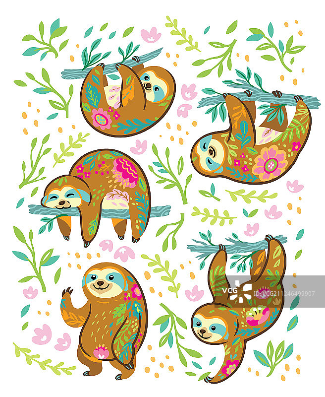 花卉装饰中的树懒动物角色图片素材