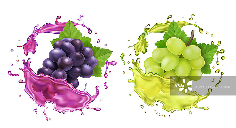 红白葡萄酒葡萄和果汁飞溅图片素材