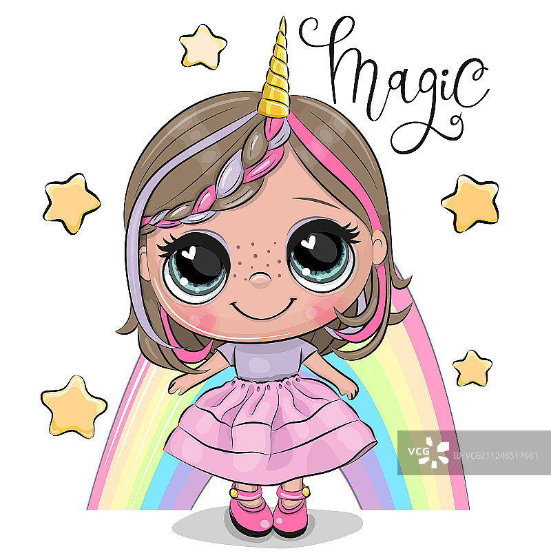 可爱的卡通独角兽女孩和彩虹图片素材