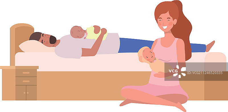 年轻夫妇和新生婴儿在床上图片素材