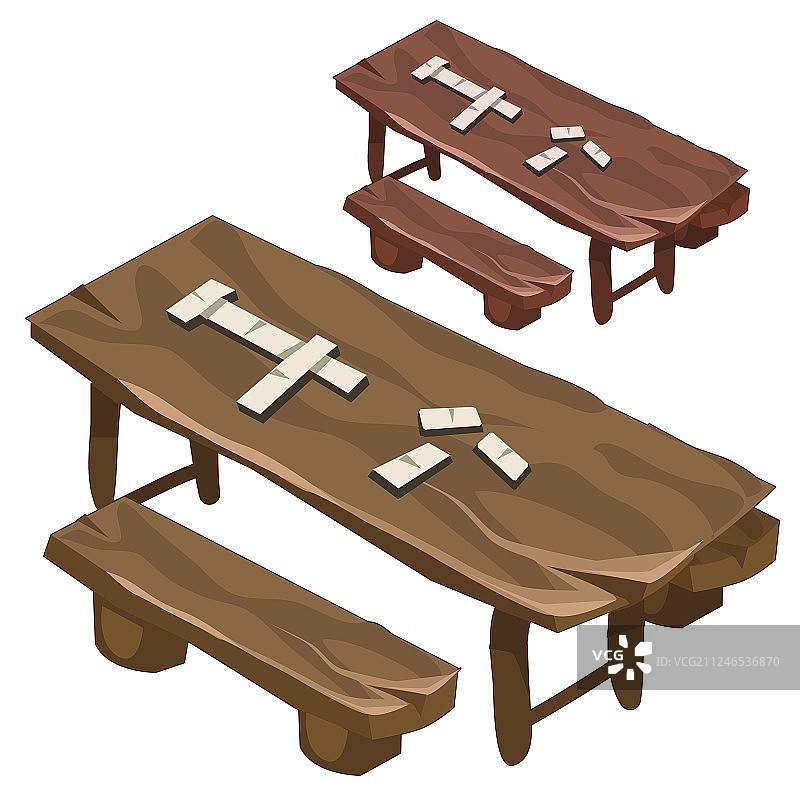 木制长椅和摆放多米诺骨牌的桌子图片素材