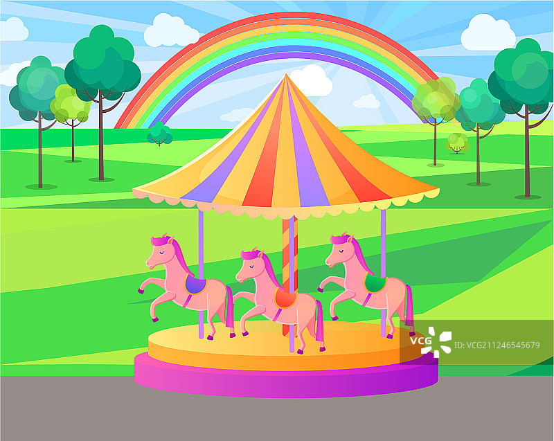 彩虹自然背景下的游乐园旋转木马图片素材