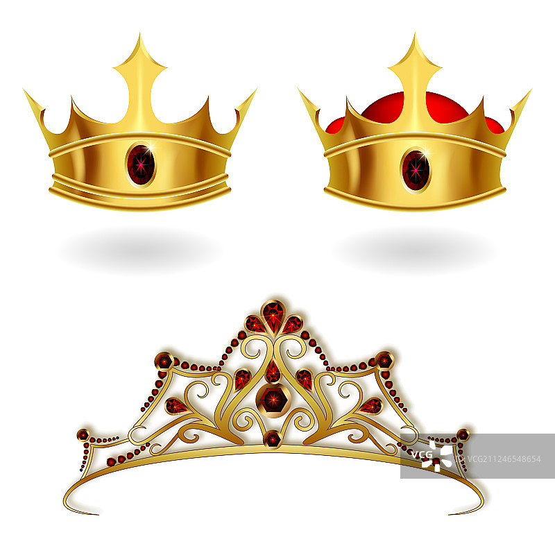 一组逼真的金色皇冠和头饰图片素材