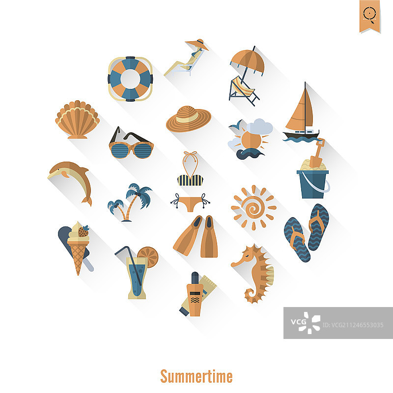夏天和海滩简单的平面图标图片素材
