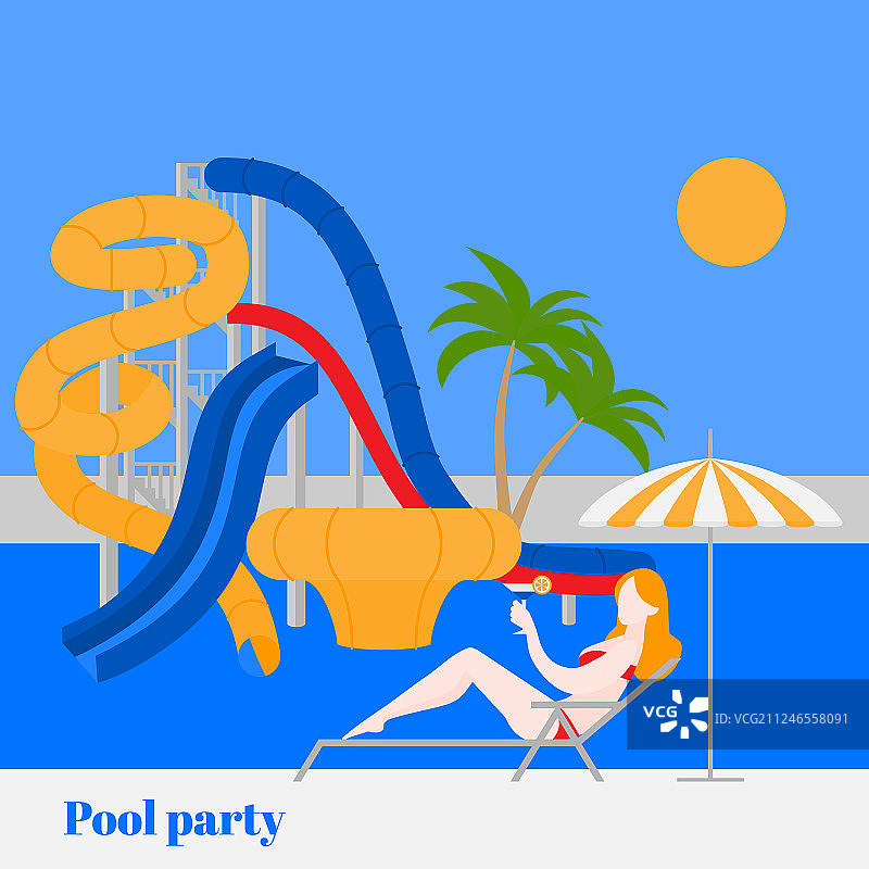 水上乐园的夏季泳池派对与滑梯图片素材