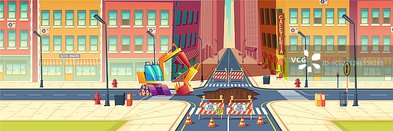 挖掘机在道路上挖洞卡通图片素材