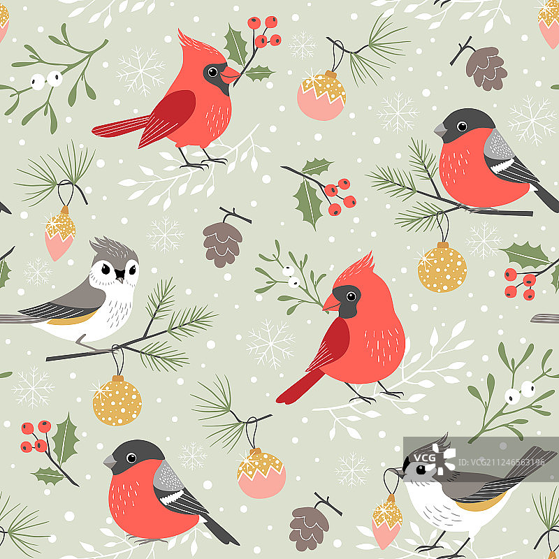 可爱的冬季小鸟圣诞节图案图片素材
