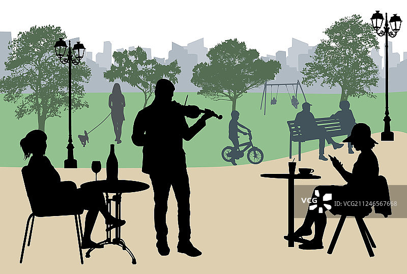 小提琴手在城市公园附近的街头咖啡馆表演图片素材
