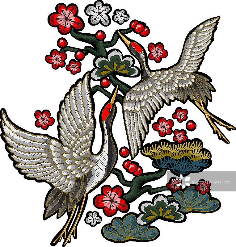 带有红色花朵的日本白鹤图片素材