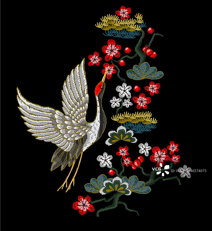 带有红色花朵的日本白鹤图片素材