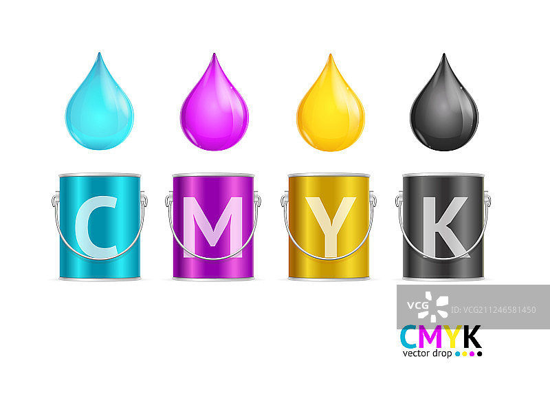 逼真彩色金属桶和水滴套装图片素材
