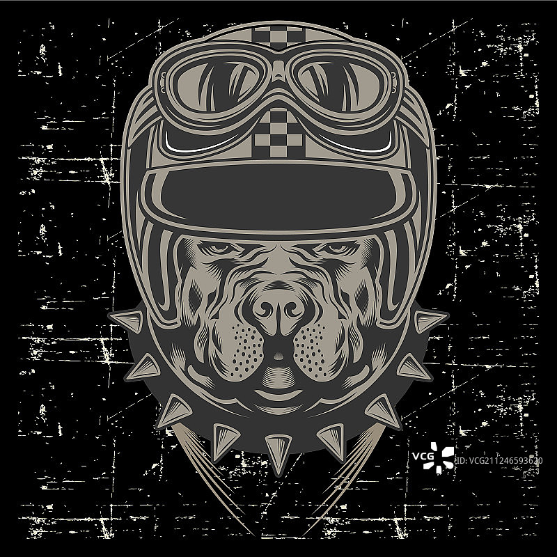 Grunge风格斗牛犬头戴头盔复古手绘图片素材
