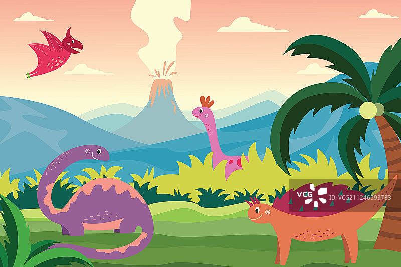夏季景观背景中的卡通恐龙图片素材