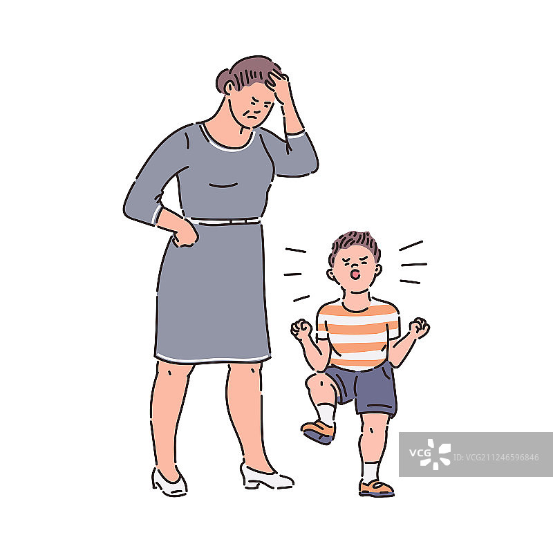 家庭冲突：孩子对疲惫的父母发脾气图片素材