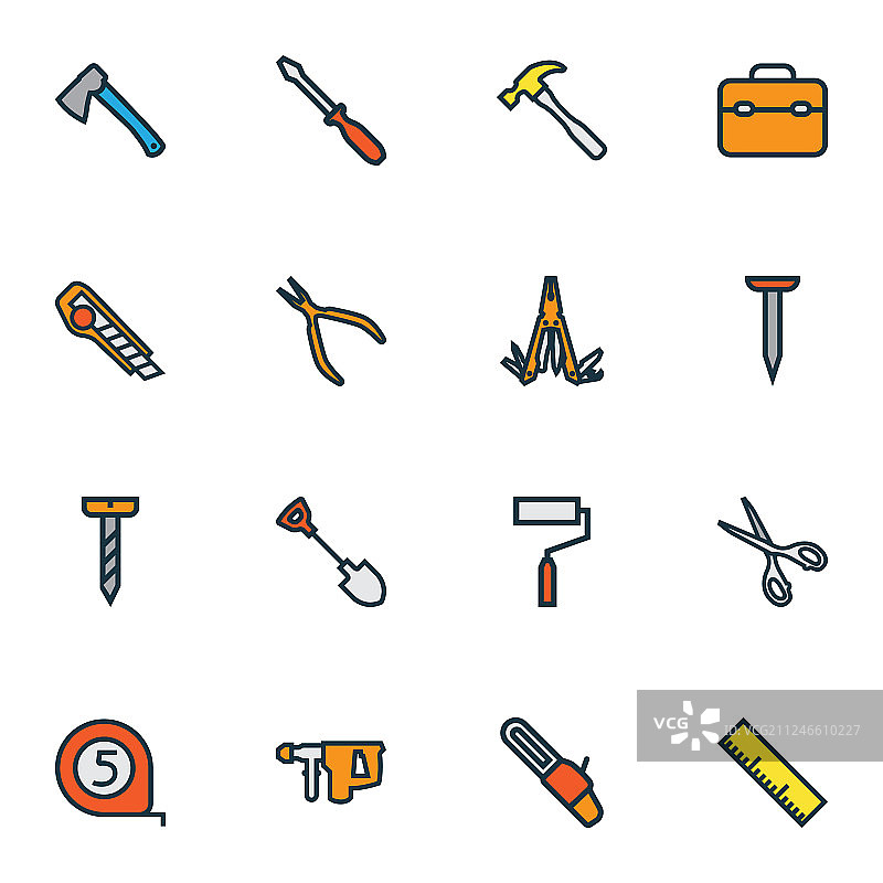 包含铲子和卷尺的彩色线条工具图标合集图片素材