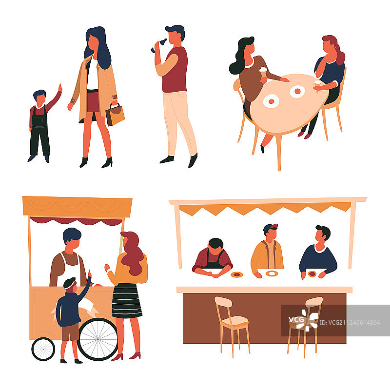 咖啡馆和带柜台手推车的冰淇淋帐篷图片素材