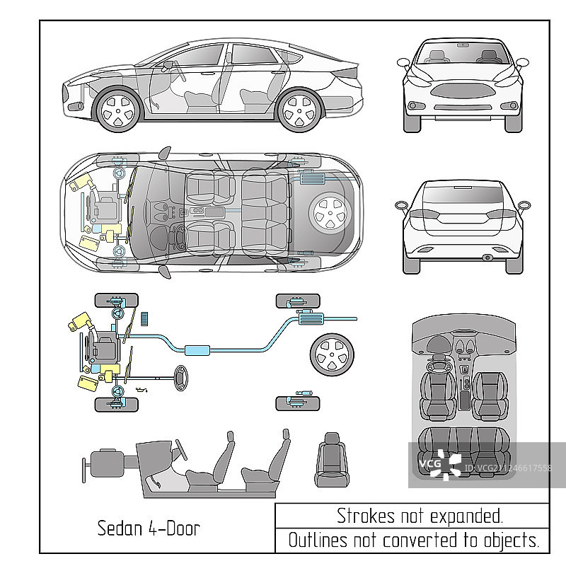 轿车内饰部件：引擎、座椅、仪表盘图片素材