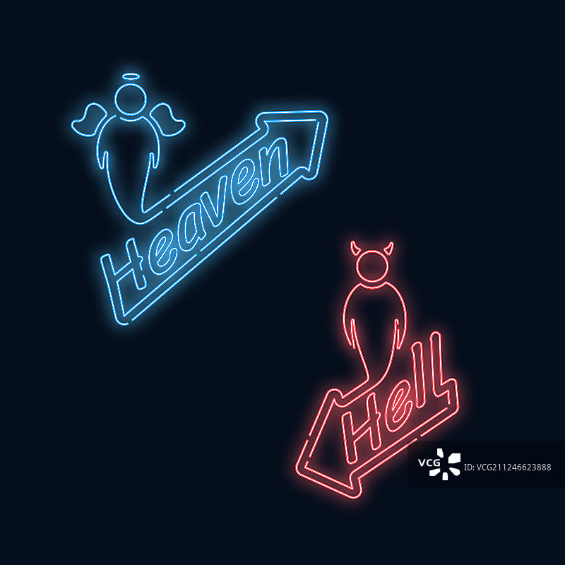 红色和蓝色“天堂或地狱”霓虹灯指示牌图片素材