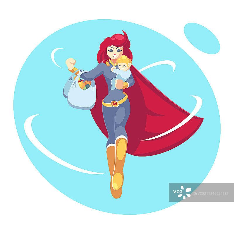 超级母亲抱着儿子购物图片素材