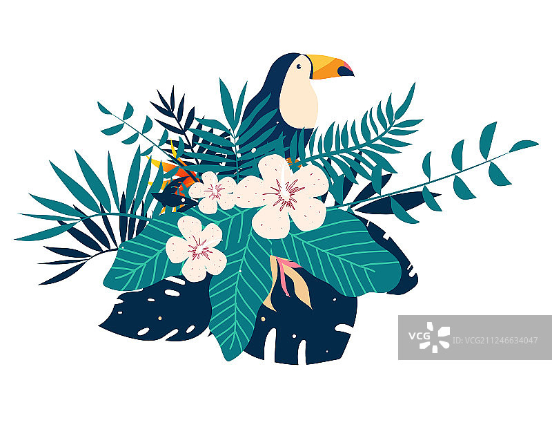 带有热带花卉的巨嘴鸟刺绣布贴图片素材