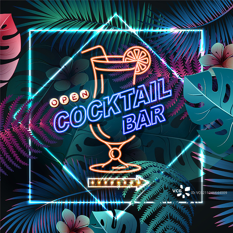热带背景上的霓虹鸡尾酒吧标志图片素材