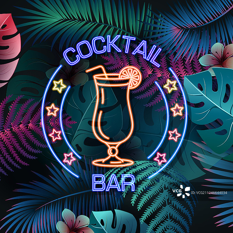 荧光热带霓虹灯鸡尾酒吧图片素材
