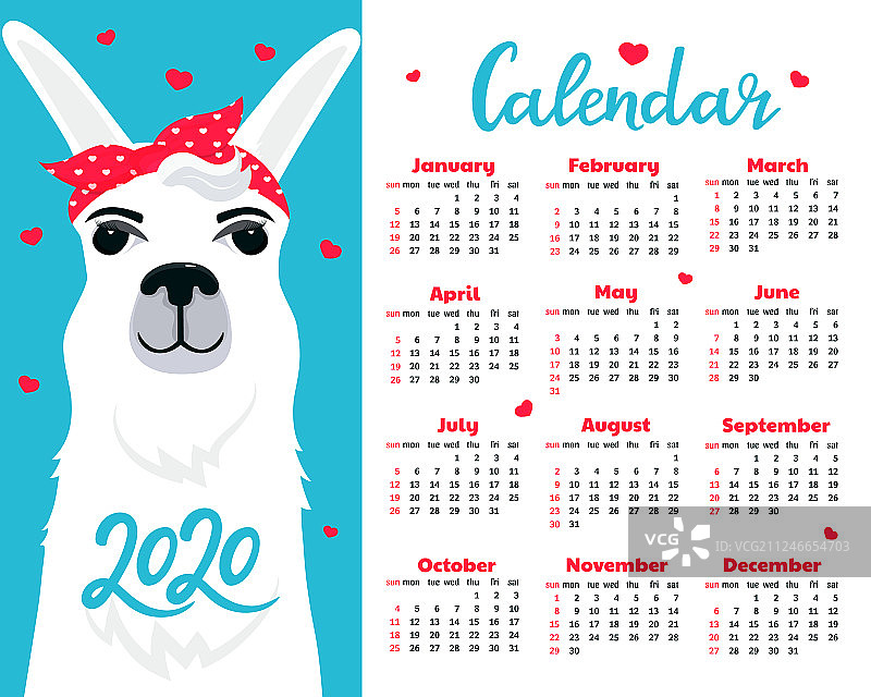 2020年周日开始的可爱日历图片素材