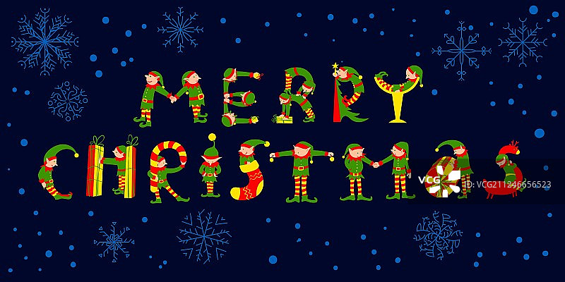 带有小精灵的圣诞快乐字样图片素材
