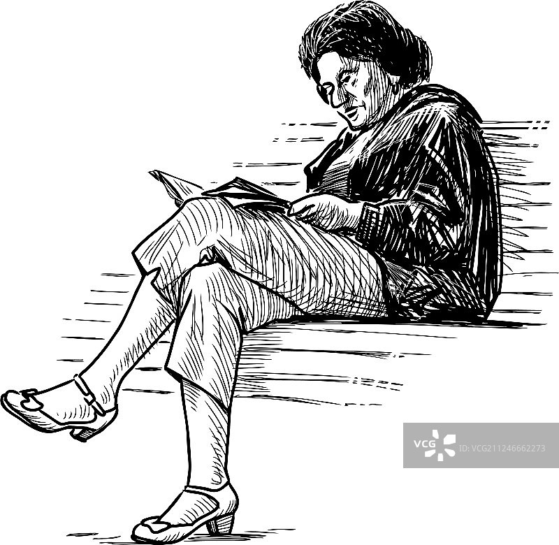 老年妇女读书速写图片素材