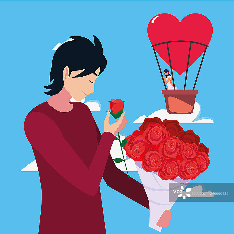 手捧花束的男人与热气球上的女人图片素材