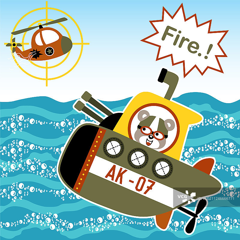 潜艇与直升机的海洋战争卡通图片素材