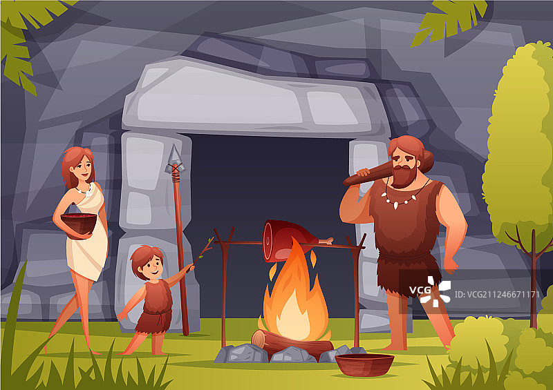 穴居人家庭扁平化构图图片素材