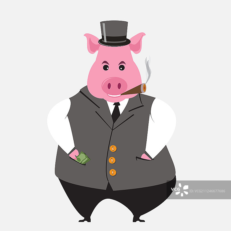 有趣的卡通资本家猪的漫画形象，富有图片素材