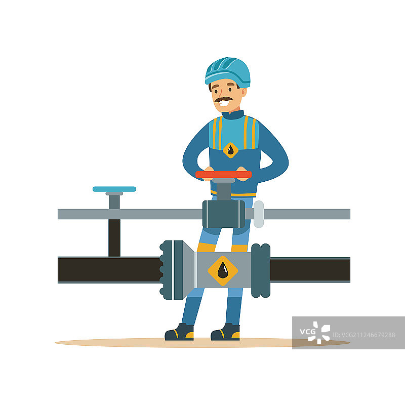 微笑的石油工人在石油管道上工作图片素材