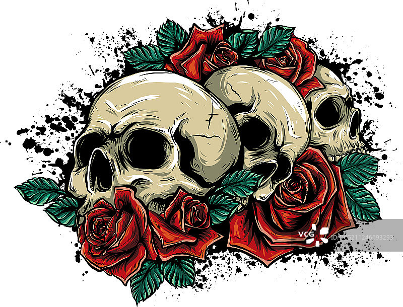 白色背景上带有玫瑰花的人类头骨图片素材