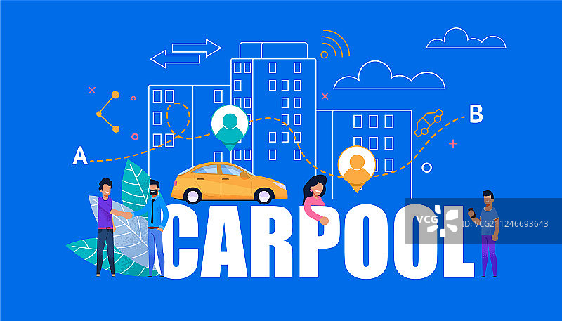 拼车现代banner，黄色汽车与城市人群图片素材