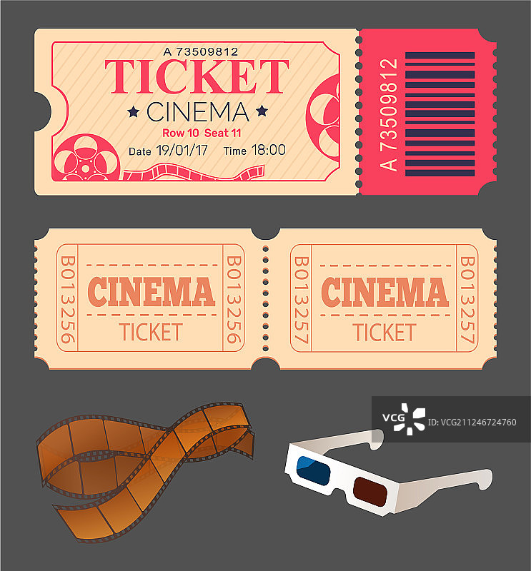 剧院电影票与3D眼镜条纹图片素材