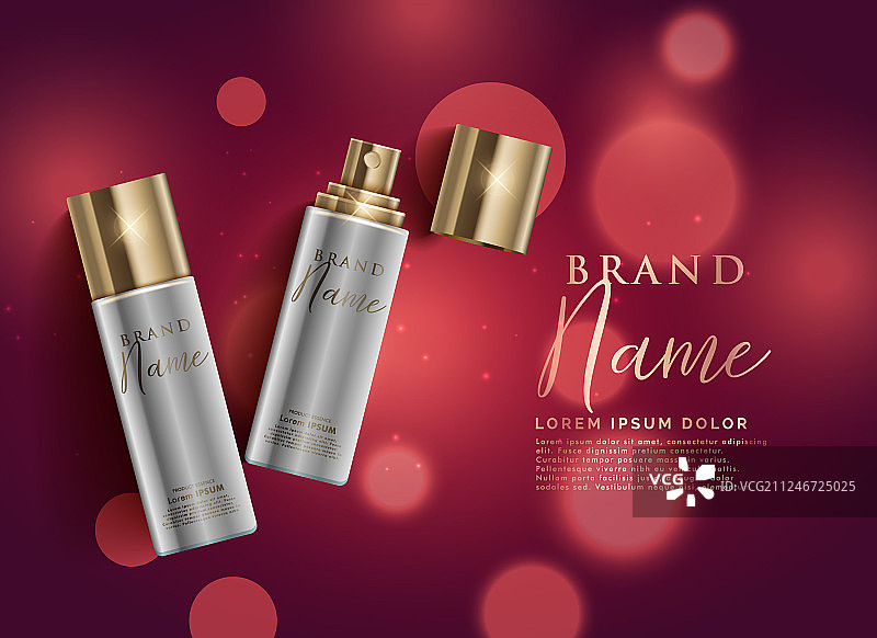 红色散景背景上的化妆品喷雾图片素材