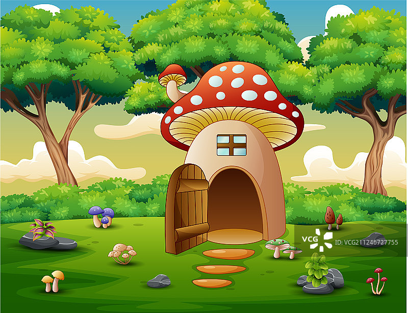 森林背景中的蘑菇屋图片素材